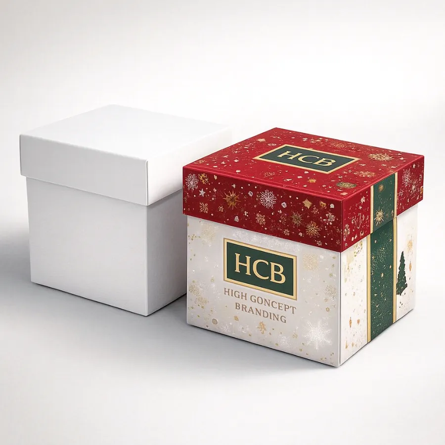 Luxury two-piece boxes- one white- one premium Christmas design with gold foil details- class=